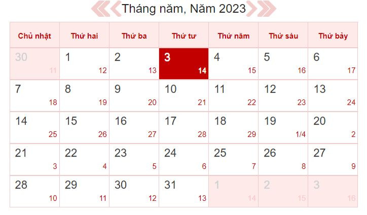 Xem lịch âm ngày 3/5/2023