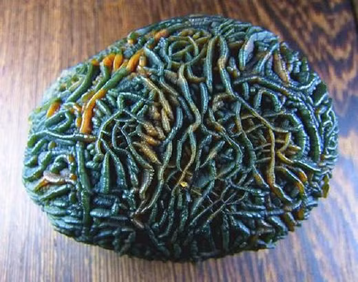 Khối đá có&nbsp;màu sắc nâu xanh lẫn lộn và vô số vân ngang dọc ngoằn nghoèo&nbsp;trên bề mặt.