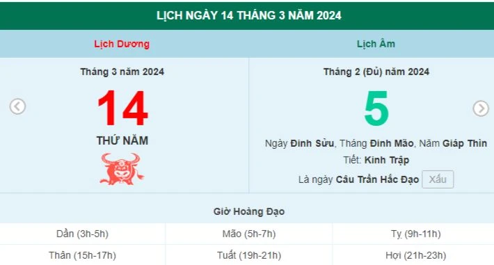 Lịch âm hôm nay - Xem lịch âm ngày 14/3