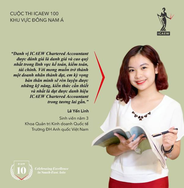 Bạn Lê Yến Linh lọt vào Top 6 gương mặt sinh viên xuất sắc nhất khu vực Đông Nam Á cuộc thi ICAEW 100. Bạn Lê Yến Linh lọt vào Top 6 gương mặt sinh viên xuất sắc nhất khu vực Đông Nam Á cuộc thi ICAEW 100.