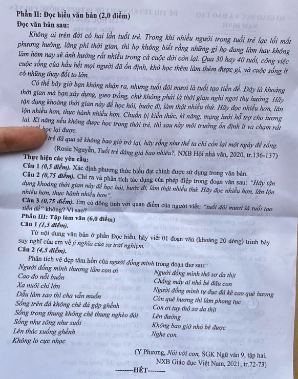 Đề thi môn Ngữ văn kỳ thi vào lớp 10 THPT hệ không chuyên năm học 2024-2025 tỉnh Nam Định.