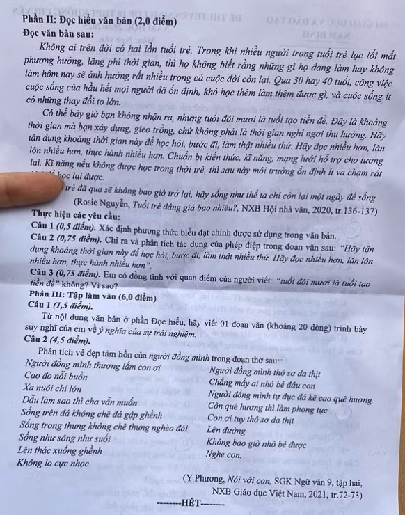Đề thi môn Ngữ văn kỳ thi vào lớp 10 THPT hệ không chuyên năm học 2024-2025 tỉnh Nam Định.