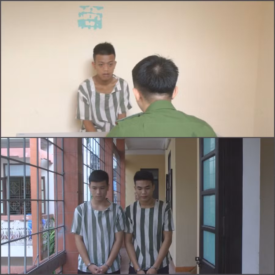 Các đối tượng Nguyễn Trung Thành, Phạm Văn Tú và Vũ Tuấn Anh tại cơ quan điều tra. Ảnh: QTV ​