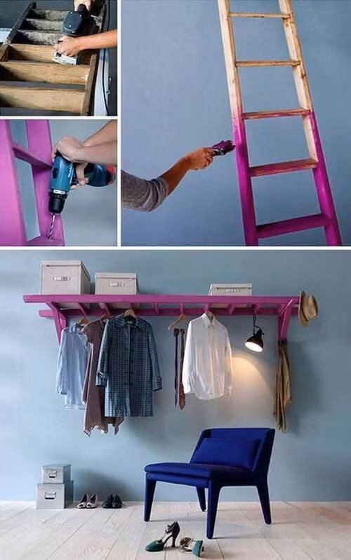 Giá treo quần áo từ chiếc thang: Nghe có vẻ kỳ cục nhưng với cách này, bạn có thể tái sử dụng chiếc thang cũ và sơn màu theo sở thích của mình.