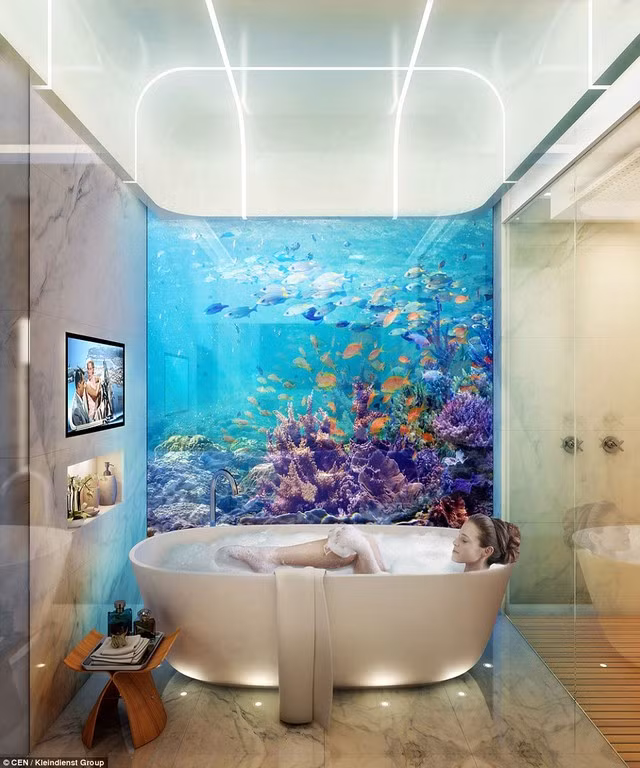 Phòng ngủ và phòng tắm được bố trí chìm dưới biển, nhìn thấy cá bơi lội xung quanh