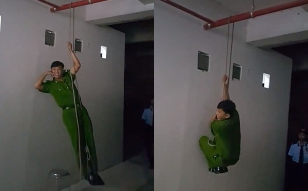 Cách lên và xuống bằng một sợi dây của anh chiến sĩ công an.