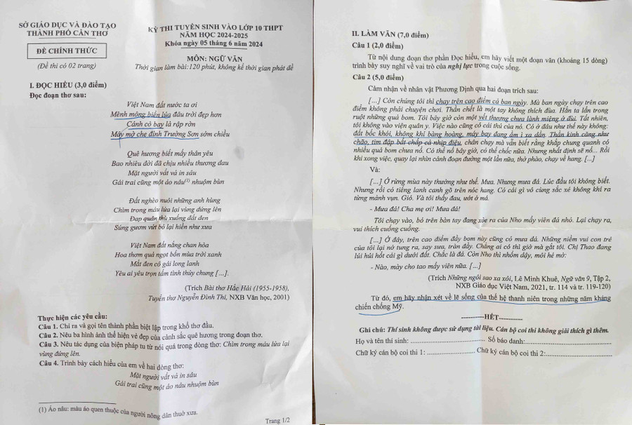 Đề thi môn Ngữ văn kỳ thi tuyển sinh vào lớp 10 TP Cần Thơ. Đề thi môn Ngữ văn kỳ thi tuyển sinh vào lớp 10 TP Cần Thơ.