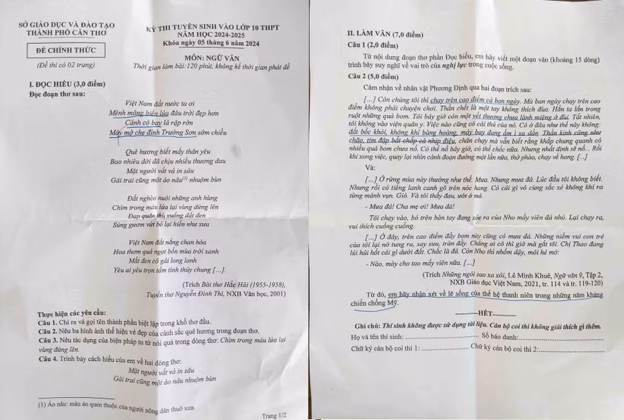 Đề thi môn Ngữ văn kỳ thi tuyển sinh vào lớp 10 TP Cần Thơ.