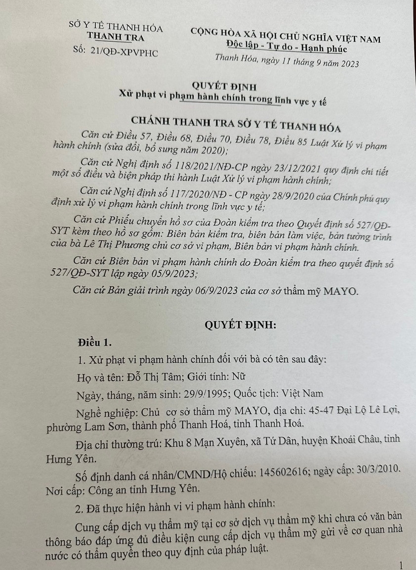 Quyết định xử phạt hành chính và đình chỉ hoạt động Viện thẩm mỹ Mayo Clinic Thanh Hoá. (Ảnh: NT) Quyết định xử phạt hành chính và đình chỉ hoạt động Viện thẩm mỹ Mayo Clinic Thanh Hoá. (Ảnh: NT)