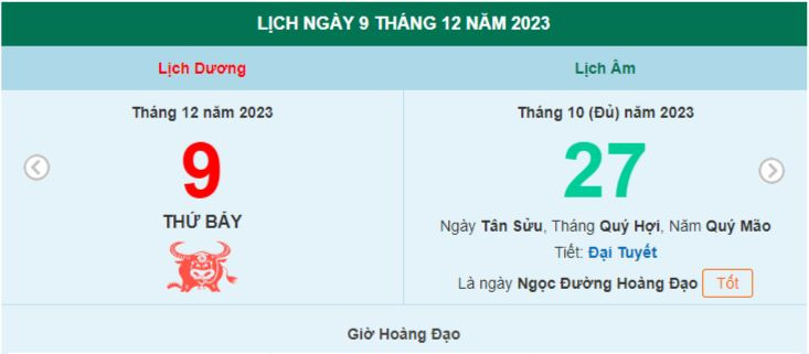 Lịch âm hôm nay - Xem lịch âm ngày 9/12/2023