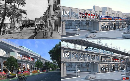 Cầu chui qua phố Cửa Đông trên đường Phùng Hưng trước 1954, các vòm cầu đã còn để rỗng; Phương án do CitySolution đề xuất 2018: gia cường kết cấu, tích hợp ĐSQG và ĐSĐT trên cùng tuyến với phương án 2 tầng, 3 tầng và cả đường đi bộ - du lịchtrên cao. Nguồn: Hanoidata Vỡ lở vụ hối lộ: Đường sắt đô thị số 1 Hà Nội dừng đến bao giờ?