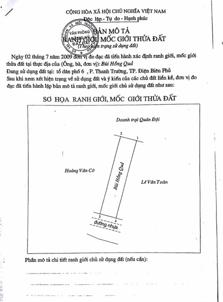 Bản mô tả ranh giới, mốc giới thửa đất của ông Bùi Hồng Quả Bản mô tả ranh giới, mốc giới thửa đất của ông Bùi Hồng Quả