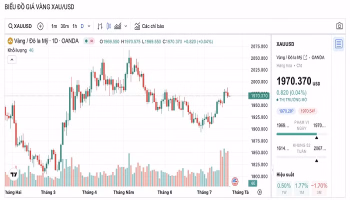 Biểu đồ biến động giá vàng trong 24 giờ qua
