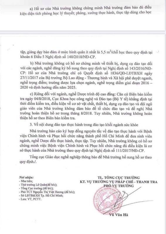 Công văn của Tổng cục Giáo dục nghề nghiệp nêu các sai phạm của Nhà trường