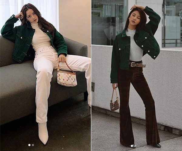 Ngoài việc diện chung đồ, cách phối của cả hai cũng có những điểm chung, như set đồ gồm áo cổ lọ, quần cạp cao, áo khoác xanh rêu và túi đeo vai mini này là một ví dụ.