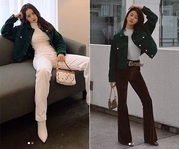 Ngoài việc diện chung đồ, cách phối của cả hai cũng có những điểm chung, như set đồ gồm áo cổ lọ, quần cạp cao, áo khoác xanh rêu và túi đeo vai mini này là một ví dụ.