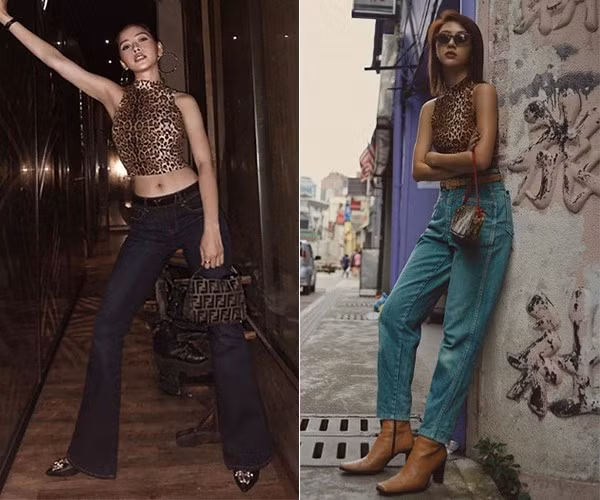 Chiếc croptop da báo được Chi Pu biến thành món đồ sang chảnh khi phối cùng quần ống loe, trong khi đó Quỳnh Anh Shyn “ngầu” hơn bằng cách diện cùng quần jeans, ankle boots.