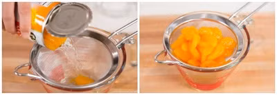Cho cam đóng hộp ra rây, tách lấy phần cam và phần siro trong hộp cam. Nếu bạn dùng cam tươi thì vắt lấy nước cho khoảng 200ml nước cam, phần cam còn lại thì tách lấy múi cam, bỏ lớp màng mỏng.