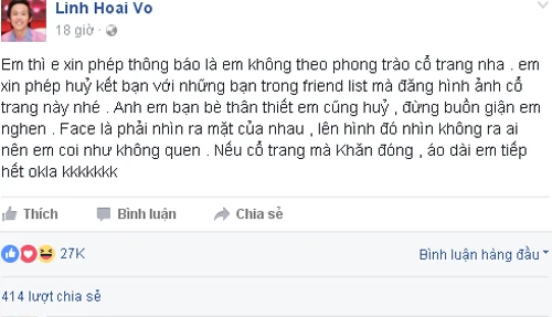 Hoài Linh thông báo hủy kết bạn với những ai đăng ảnh cổ trang