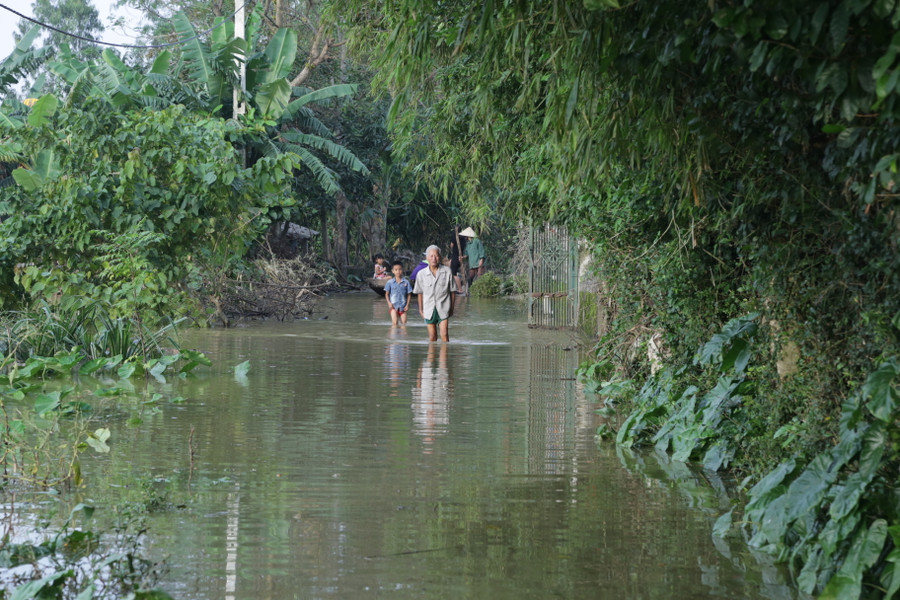 Vùng hạ lưu sông Lam nhiều xã đã bị ngập, nhà trường nhìn nước sông dâng để quyết định cho học sinh nghỉ học