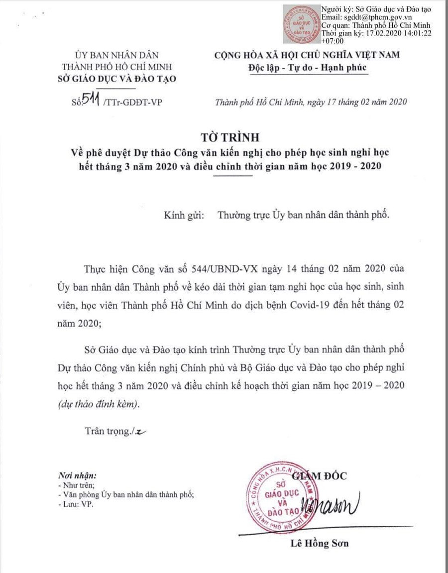 Tờ trình giám đốc Sở GD&ĐT TP.HCM Lê Hồng Sơn ký trình UBND TP.HCM xin cho học sinh nghỉ học hết tháng 3/2020 Tờ trình giám đốc Sở GD&ĐT TP.HCM Lê Hồng Sơn ký trình UBND TP.HCM xin cho học sinh nghỉ học hết tháng 3/2020