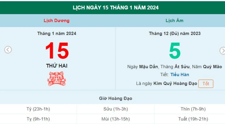 Lịch âm hôm nay - Xem lịch âm ngày 15/1