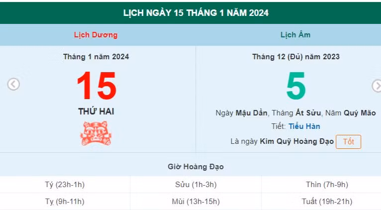 Lịch âm hôm nay - Xem lịch âm ngày 15/1