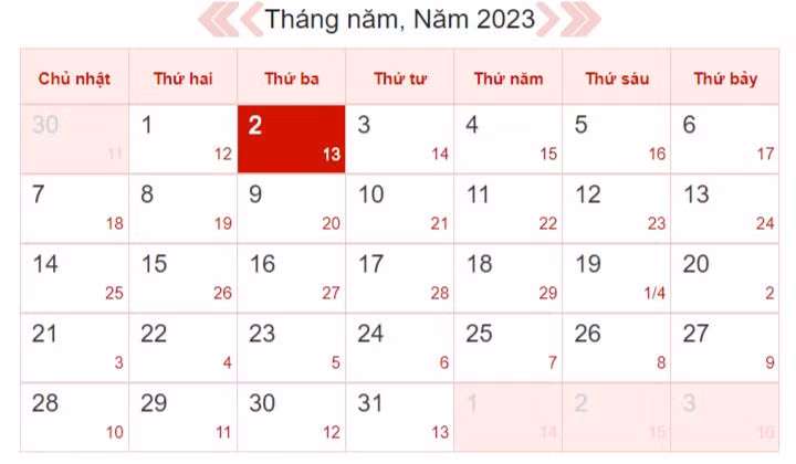 Xem lịch âm ngày 2/5/2023 