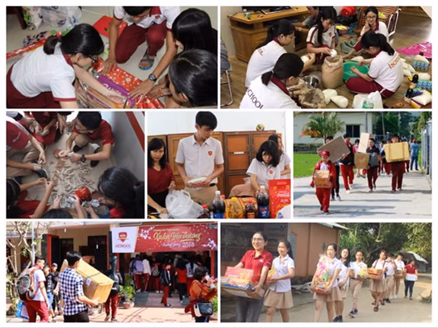 Các em học sinh tự tay chuẩn bị những phần quà tặng cho chuyến hành trình Xuân yêu thương