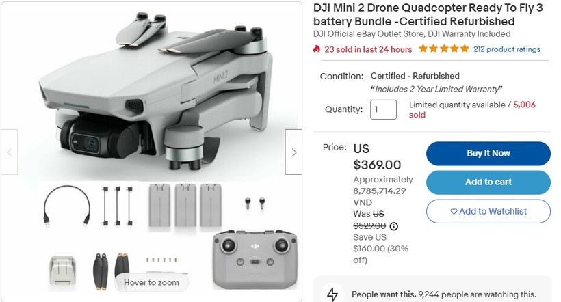 UAV Quadcopter DJI Mini 2 Drone được rao bán trên trên ebay với giá 369 USD