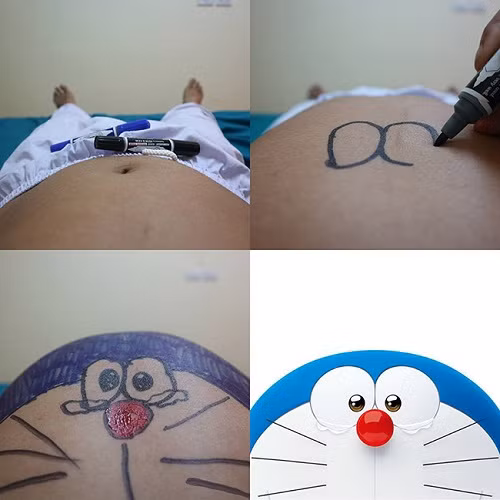 Chỉ cần một cái bụng thật to là đã có thể hóa thân thành chú mèo máy Doreamon.