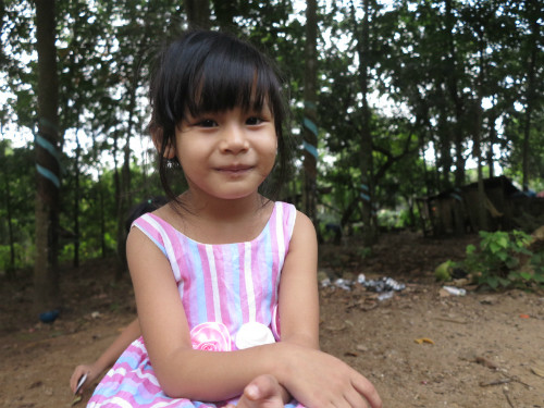 Trong hai bé, Lan Anh lưu luyến muốn được ở mẹ nuôi hơn nhiều.Mỗi lần được về với mẹ Liên là em rất vui, chạy ra vườn hái lá chơi, bày trò sắp gạch. Mỗi khi được về nhà mẹ Liên, Lan Anh rất vui, chạy ra vườn hái lá chơi, bày trò sắp gạch, đá xây nhà. Ảnh: Phan Thân