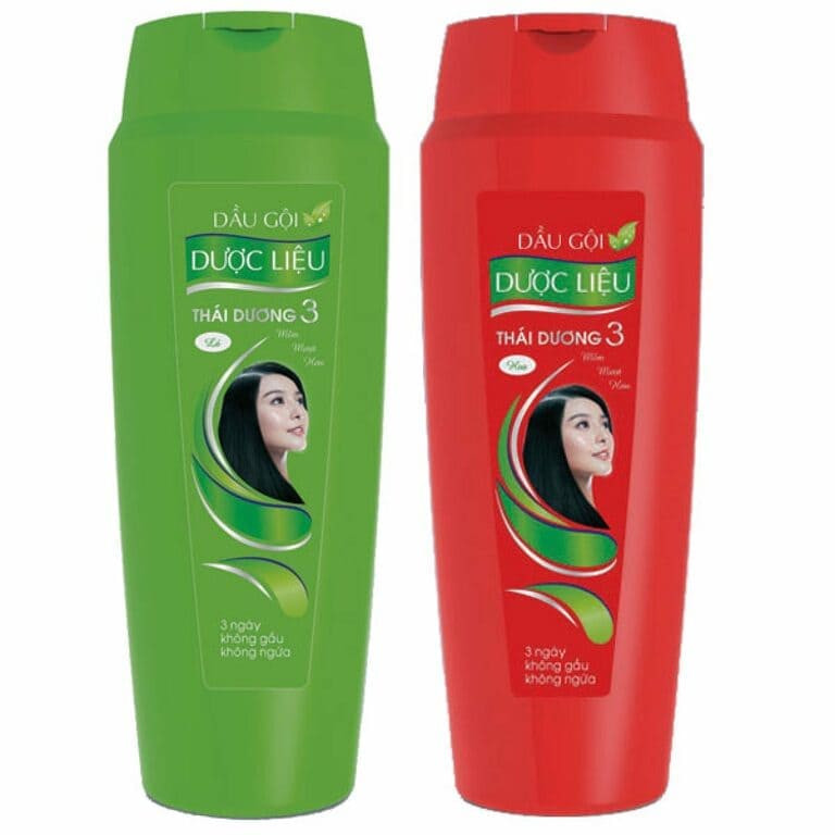 Bộ sản phẩm dầu gội mọc tóc Thái Dương 3 với hai màu xanh – đỏ.