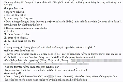 Không thể nhịn cười với thông báo tuyển nhân viên trông xe "bá đạo"