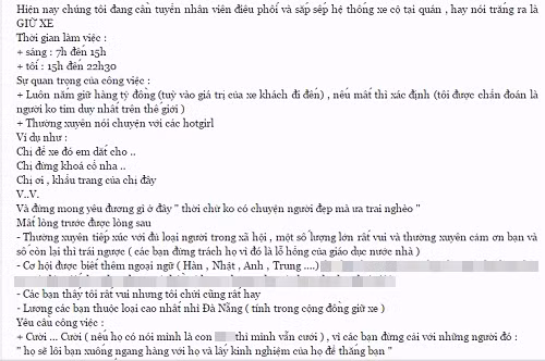Không thể nhịn cười với thông báo tuyển nhân viên trông xe ‘bá đạo’ - Hình 1