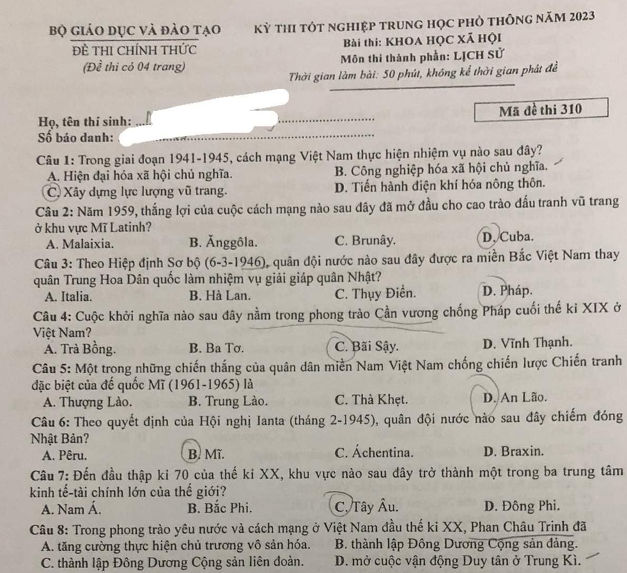 Đề thi và gợi ý lời giải môn Lịch sử thi tốt nghiệp THPT năm 2023