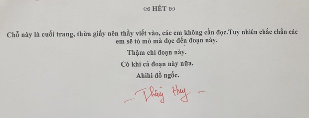 Một bài kiểm tra có lời nhắn nhủ "bá đạo" của thầy Huy.