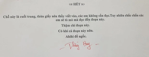 Một bài kiểm tra có lời nhắn nhủ "bá đạo" của thầy Huy.