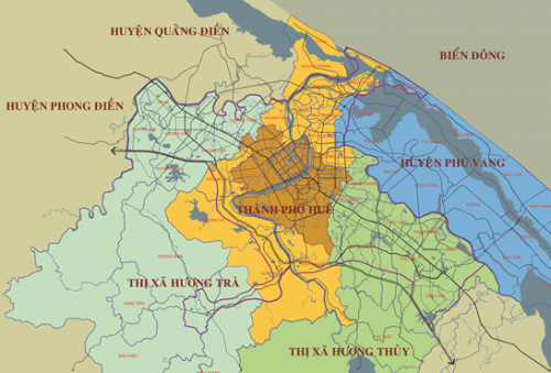 Bản đồ không gian phát triển đô thị Huế (màu vàng) đến năm 2025. Bản đồ không gian phát triển đô thị Huế màu vàng đến năm 2025.