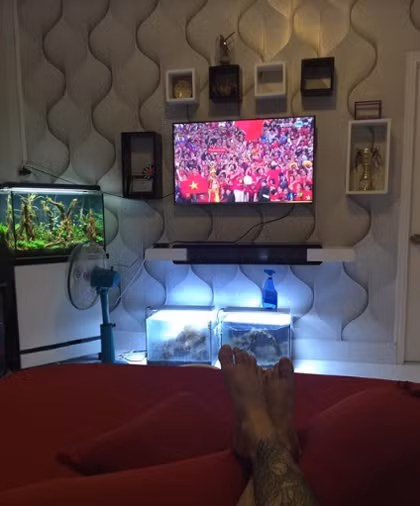 Hồ cá nhỏ thư giãn của anh Nguyễn Có (Kiên Giang). Anh cho biếtban ngày mở quạt, ban đêm mở đèn 2-3 tiếng cho bể cá là đủ.