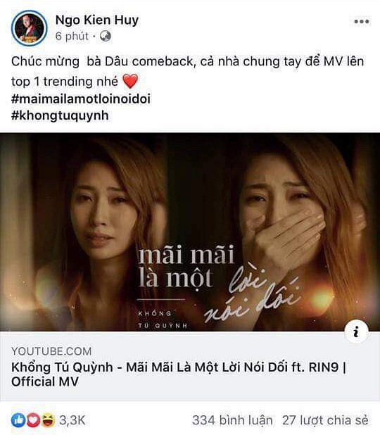 Khổng Tú Quỳnh lần đầu chia sẻ chuyện bí mật với tình cũ Ngô Kiến Huy ảnh 3 Ngô Kiến Huy kêu gọi fan chia sẻ và ủng hộ sản phẩn âm nhạc của bạn gái cũ.