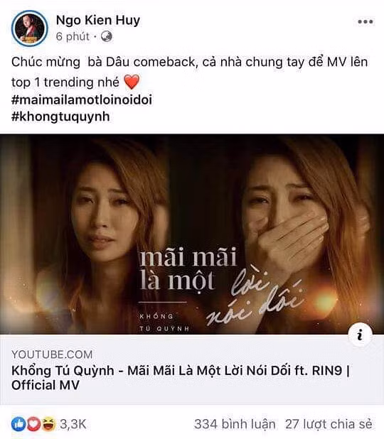 Ngô Kiến Huy kêu gọi fan chia sẻ và ủng hộ sản phẩn âm nhạc của bạn gái cũ. 