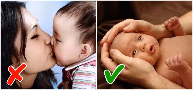 Thay vì hôn bé, người thân chỉ nên nựng tay chân hoặc thơm vào bàn tay, bàn chân của trẻ là đủ.