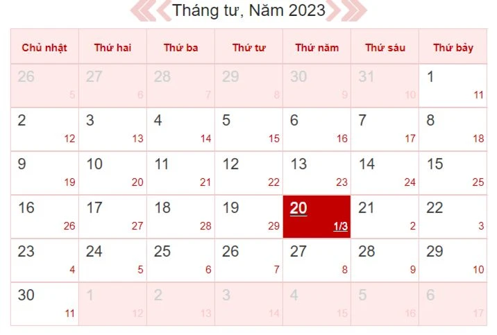 Xem lịch âm ngày 20/4/2023