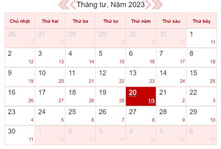Xem lịch âm ngày 20/4/2023