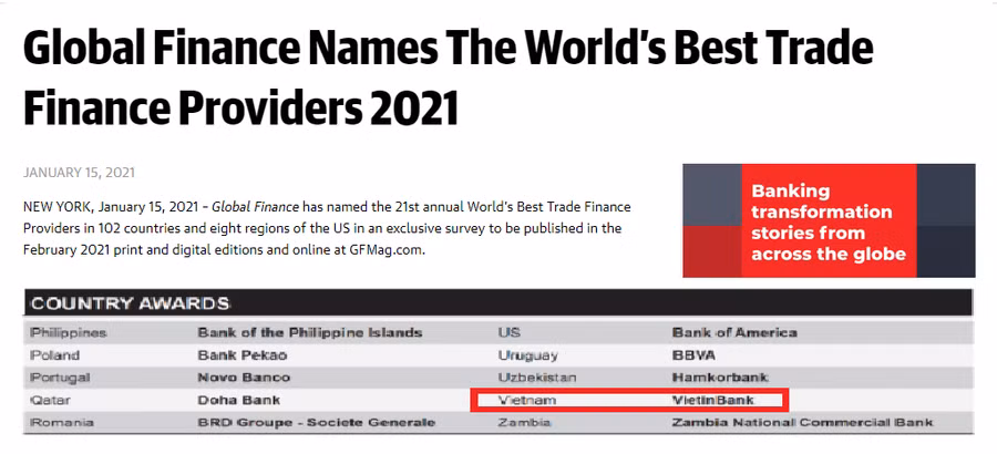 Global Finance công bố danh sách các Ngân hàng đạt giải năm 2021 trên Website chính thức.