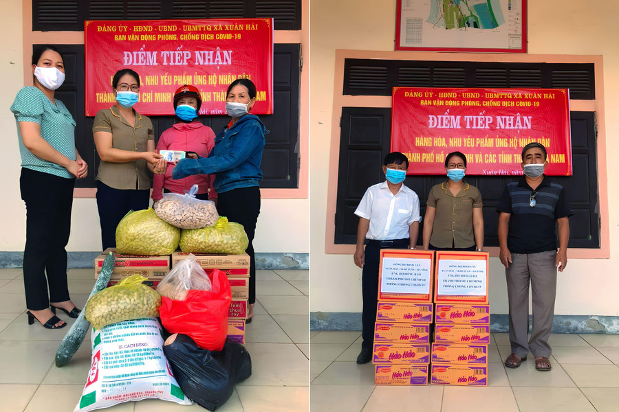 Chị Huyền (áo nâu) - Chủ tịch UBMTTQ xã Xuân Hải kêu gọi, tiếp nhận hàng hóa, nhu yếu phẩm ủng hộ nhân dân miền Nam chống dịch Covid-19. Chị Huyền (áo nâu) - Chủ tịch UBMTTQ xã Xuân Hải kêu gọi, tiếp nhận hàng hóa, nhu yếu phẩm ủng hộ nhân dân miền Nam chống dịch Covid-19.