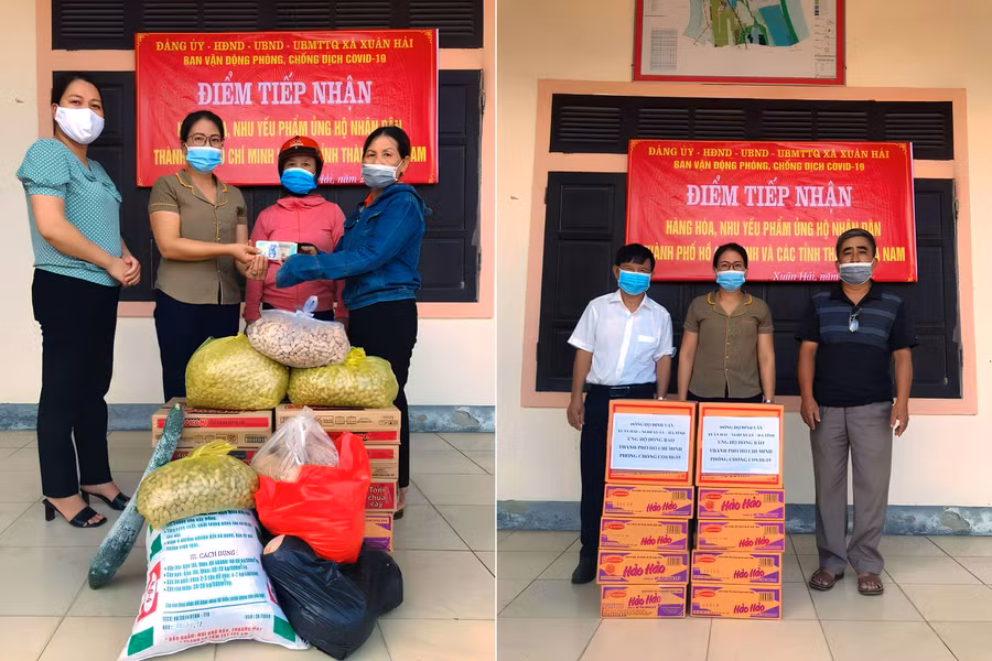 Chị Huyền (áo nâu) - Chủ tịch UBMTTQ xã Xuân Hải kêu gọi, tiếp nhận hàng hóa, nhu yếu phẩm ủng hộ nhân dân miền Nam chống dịch Covid-19.