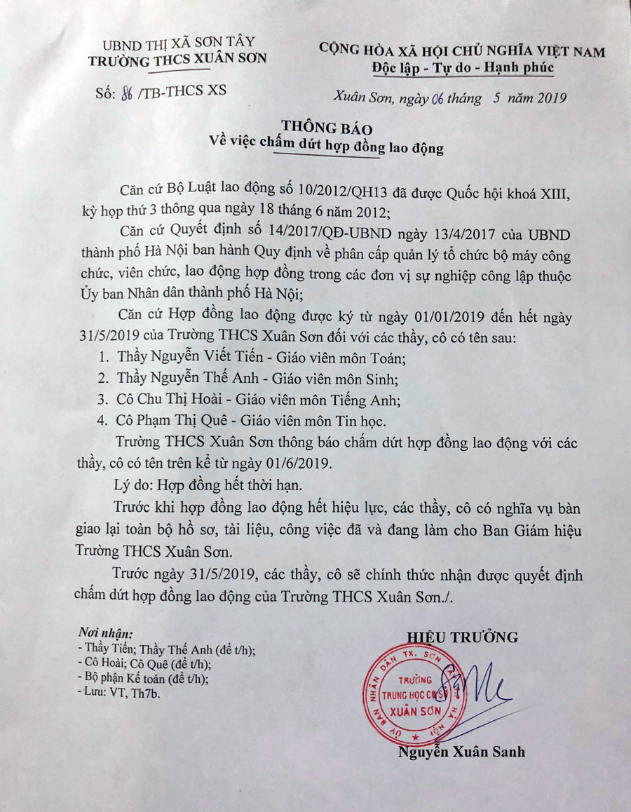 Thông báo chấm dứt hợp đồng của Trường THCS Xuân Sơn, TX Sơn Tây đối với giáo viên hợp đồng Thông báo chấm dứt hợp đồng của Trường THCS Xuân Sơn, TX Sơn Tây đối với giáo viên hợp đồng