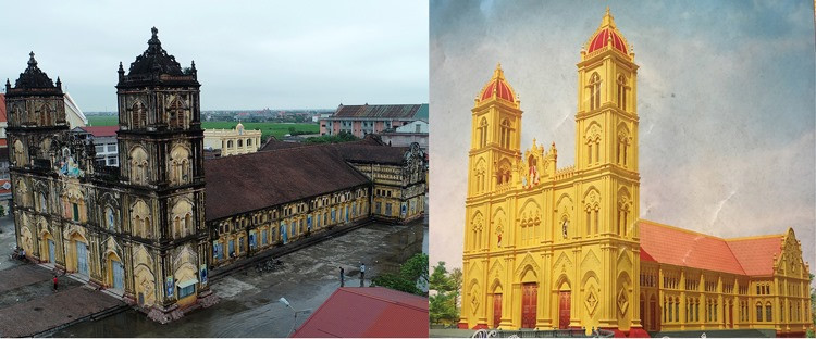 Nhà thờ Bùi Chu hiện nay (bên trái) và phối cảnh nhà thờ mới sắp xây dựng (bên phải). Nhà thờ Bùi Chu hiện nay (bên trái) và phối cảnh nhà thờ mới sắp xây dựng (bên phải).